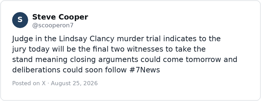 Post by Steve Cooper (@scooperon7) on X reporting from the Clancy trial