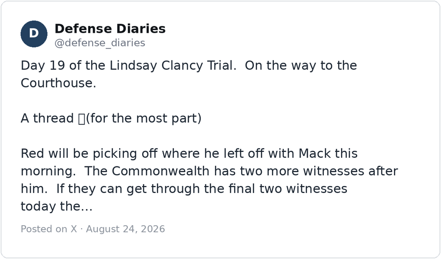 Post by Defense Diaries (@defense_diaries) on X: Day 19 of the Lindsay Clancy Trial. On the way to the Courthouse.
A thread 🧵(for the most part)
Red will be