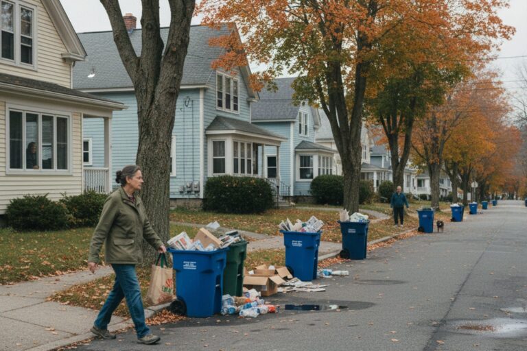 A person in their 50s wearing a simple jacket walks along a quiet residential street where several houses have overflowing recycling bins at the curb.