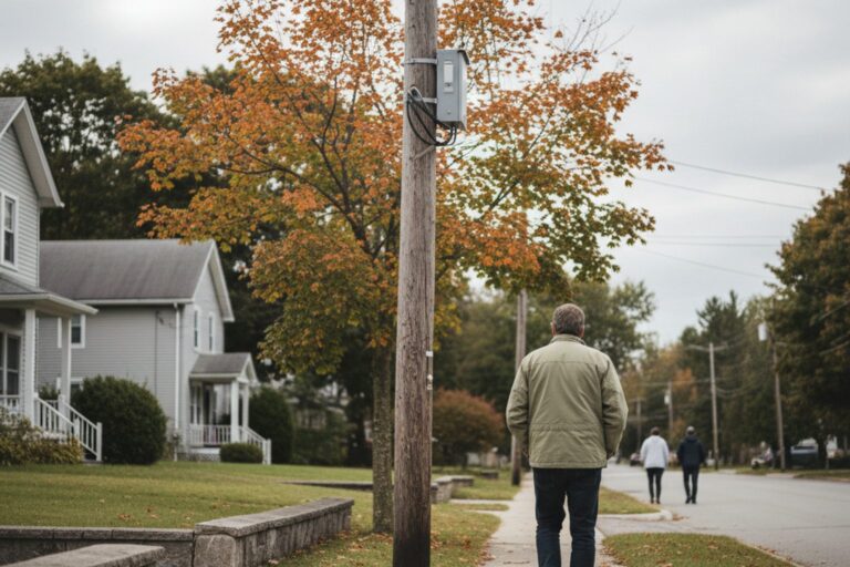 A person in their 40s wearing a light jacket walks along a suburban sidewalk, passing a utility pole with a small, unobtrusive box mounted near the top.