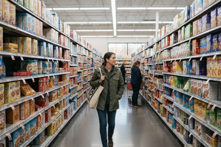 A person in their 30s wearing a casual jacket walks past a brightly lit aisle of breakfast cereals and protein bars in a large, clean grocery store.