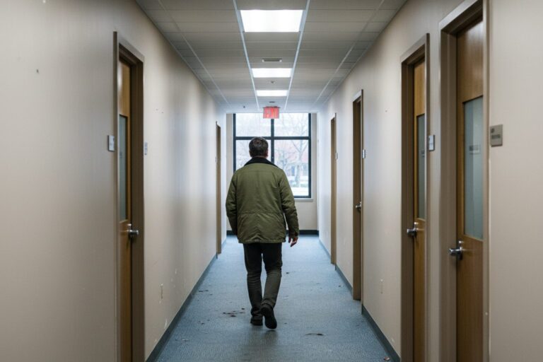 A person in their 40s wearing a neutral-colored jacket walks down a quiet, empty hallway lined with closed office doors.