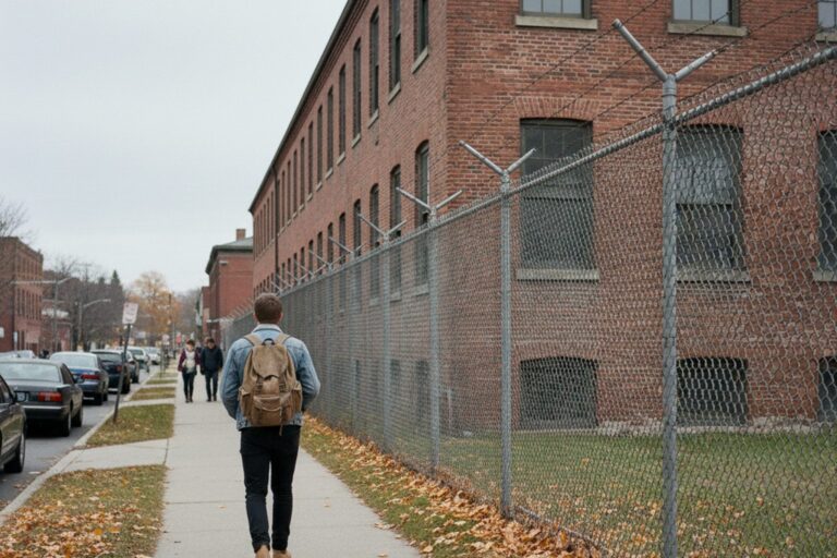 A person in their 20s wearing a backpack walks along a sidewalk next to a tall chain-link fence, past a large brick building.