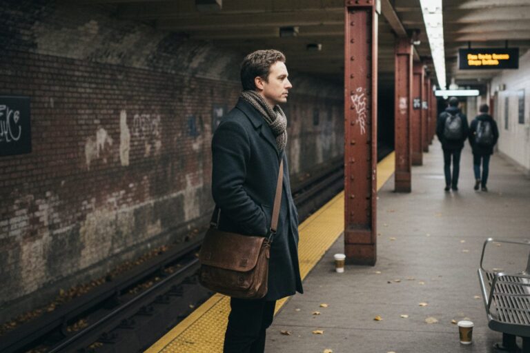 A person in their 30s wearing a dark coat stands on a subway platform, looking down the tracks.
