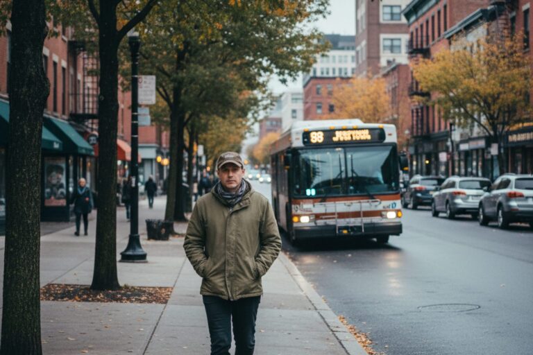 A person in their 30s wearing a light jacket walks along a sidewalk next to a busy street, with a public bus pulling away in the background.