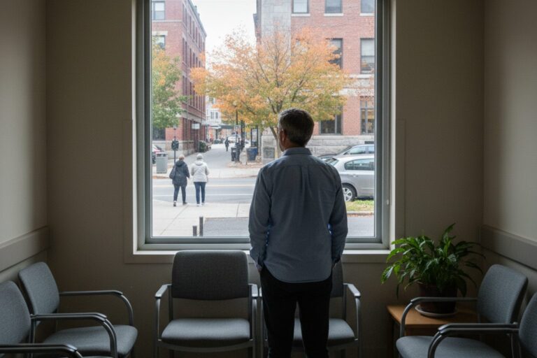 A person in their 40s wearing a light colored shirt stands in a hospital waiting room, looking out a large window at the street below.