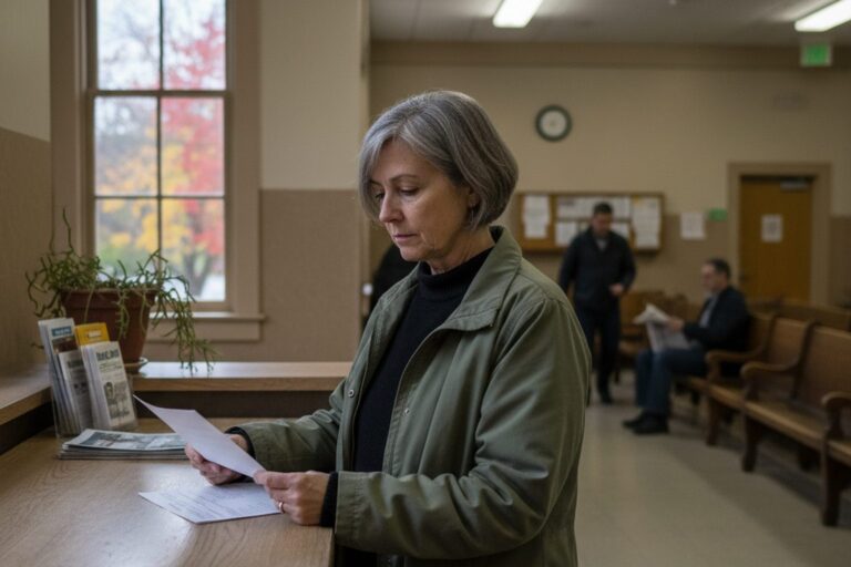 A person in their 50s wearing a plain jacket stands at a counter in a public building, looking at a form they are holding.