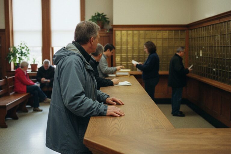 A person in their 50s wearing a plain jacket stands at a counter inside a post office, looking at a wall of mailboxes.