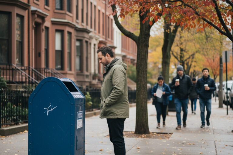 A person in their 30s wearing a light coat stands on a sidewalk, looking at a ballot drop box.