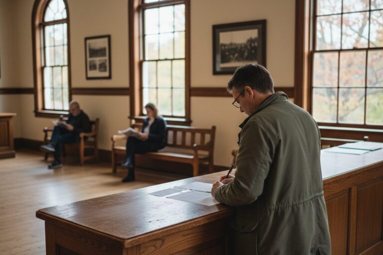 A person in their 40s wearing a plain jacket stands at a counter inside a quiet town hall, looking at some forms.