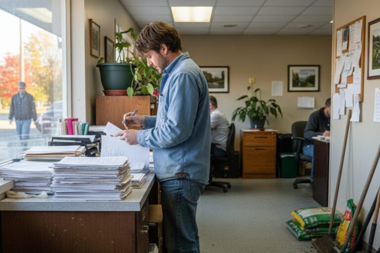 A person in their 30s wearing a work shirt and jeans stands at a counter inside a small, brightly lit landscaping company office, looking down at a stack of papers.