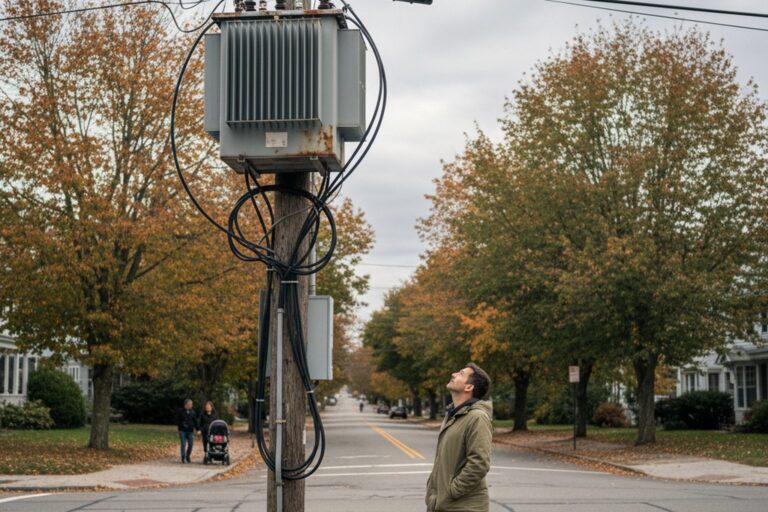 A person in their 30s wearing a light jacket stands on a quiet street corner, looking up at a utility pole with a dense cluster of wires and a large, unidentifiable transformer box.