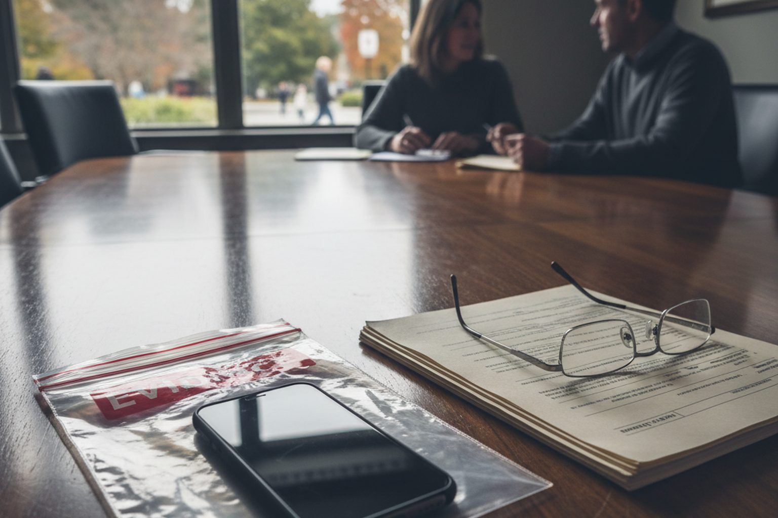 A smartphone sealed inside a clear evidence bag with a red seal, lying on a polished conference table beside a stack of printed documents and a pair of reading glasses, soft window light, no readable text on the screen