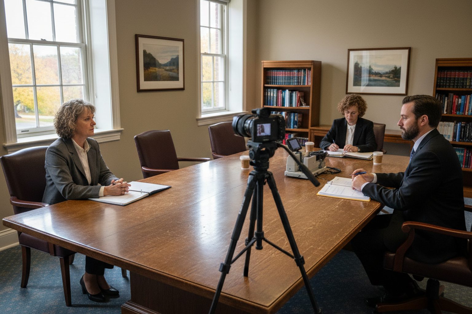 A civil deposition in progress in a law office conference room, a court stenographer at a steno machine, a witness seated at the end of a long table, lawyers on both sides with binders, a video camera on a tripod