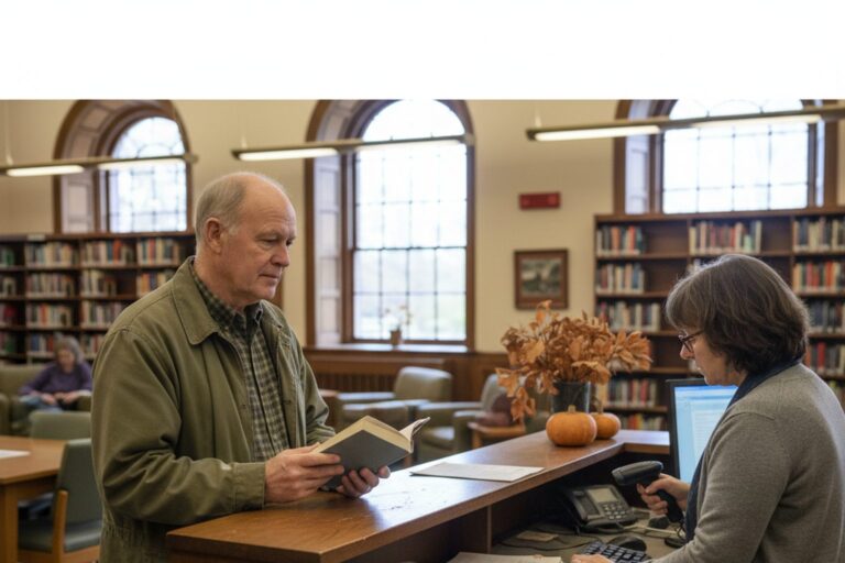 An older man in a plain jacket stands at a public library's circulation desk, holding a book and looking at the librarian who is scanning it.