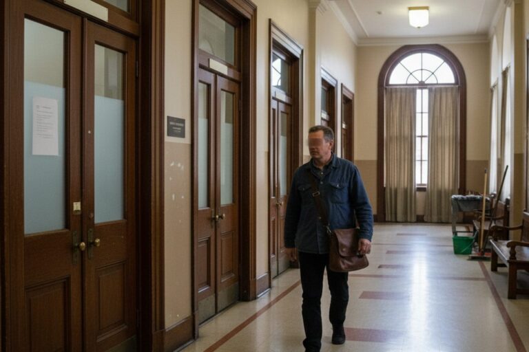 A person in their 40s wearing a simple jacket walks past the closed doors of several courtrooms in a quiet courthouse hallway.