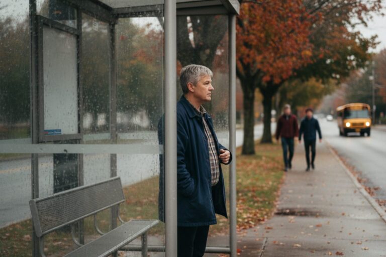 A middle-aged person in a plain jacket stands at a bus stop shelter, looking down the street.