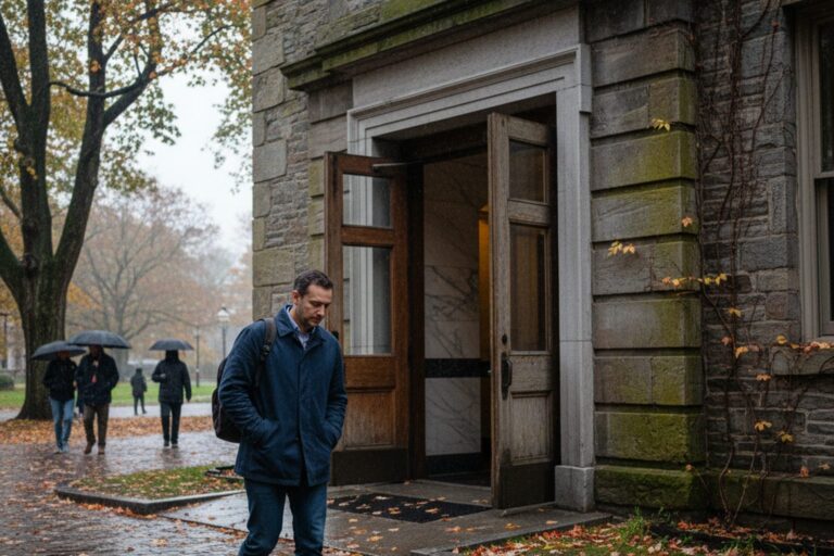 A person in their 30s wearing a simple jacket walks away from the entrance of a courthouse, its large wooden doors slightly ajar behind them.