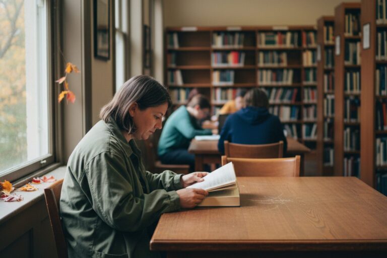 A person in their 40s wearing a simple jacket sits at a table in a quiet public library, reading a book.
