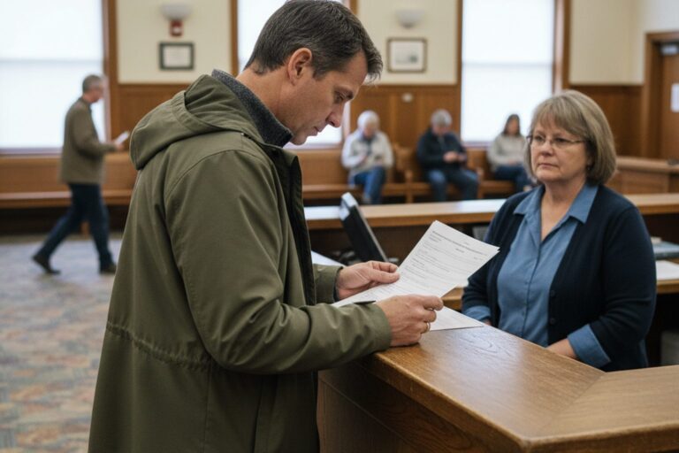 A person in their 40s wearing a neutral jacket stands at a public counter in a quiet municipal building, looking at a printed form.