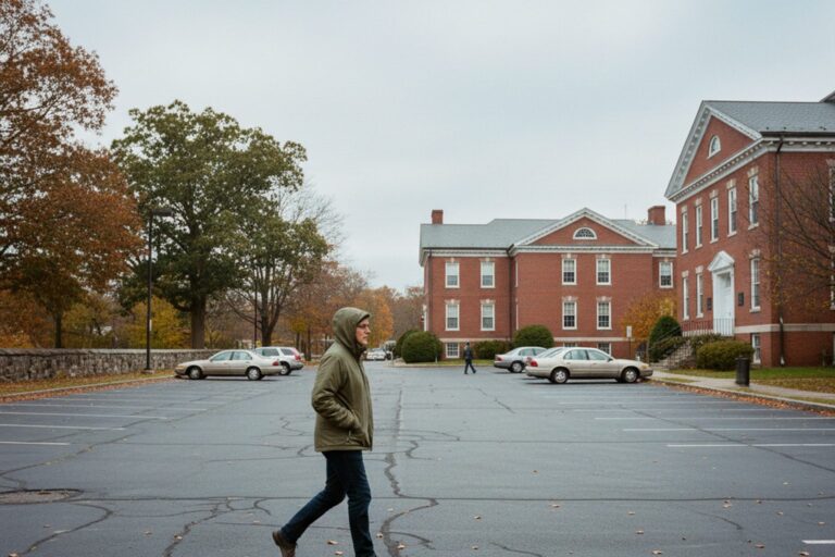 A person in their 50s wearing a simple jacket walks across a nearly empty courthouse parking lot under an overcast sky.
