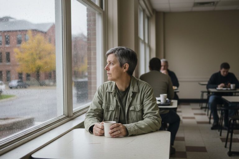 A person in their 40s wearing a light jacket sits at a small table in a quiet courthouse cafeteria, looking out a window.