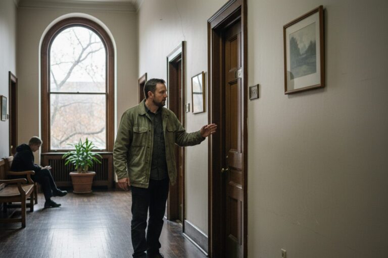 A person in their 30s wearing a light jacket walks along a quiet courthouse corridor, looking at the numbers on the doors.