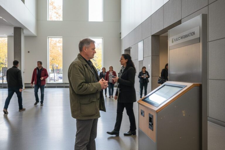 A person in their 50s wearing a simple jacket stands at a public information kiosk in the lobby of a large, modern government building, looking at a directory.