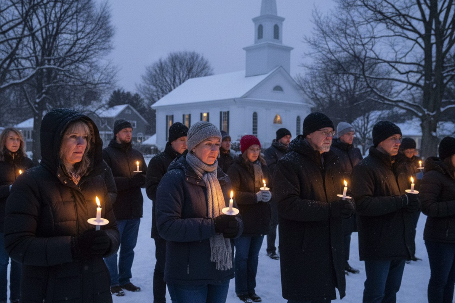 Dozens of residents holding candles at dusk on a small New England town green in January, snow on the ground, a white church steeple behind them, people in winter coats standing quietly