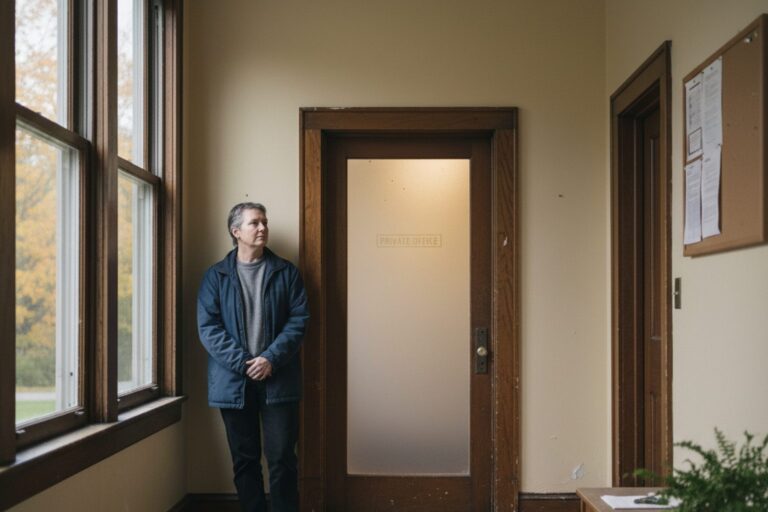 A person in their 40s wearing a simple jacket waits in a quiet hallway outside a closed office door with a frosted glass panel.