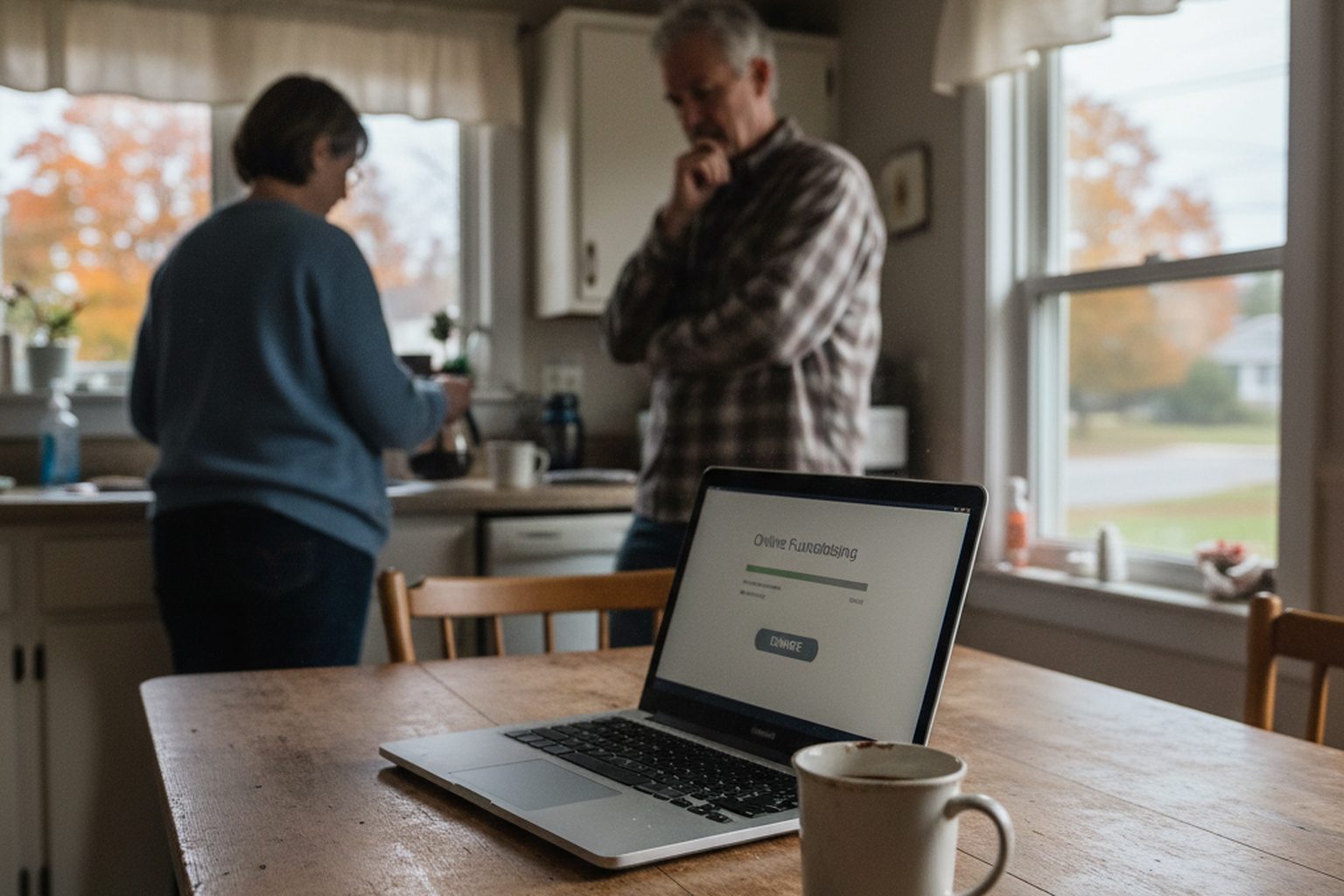 A laptop open on a kitchen table showing a generic online fundraising page with a progress bar and a donate button, a coffee mug beside it, morning light, no readable names or logos
