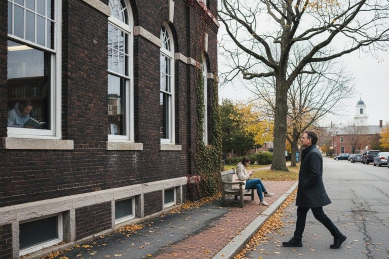 A person in their 40s wearing a dark coat walks along a street, passing a public building with tall, arched windows.