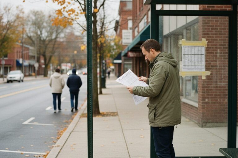 A person in their 30s wearing a light jacket stands on a public sidewalk next to a bus stop sign, looking at a printed bus schedule.