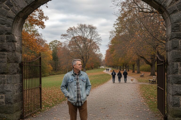 A person in their 50s wearing a casual jacket stands at the entrance to a public park, observing a path that leads into the distance.