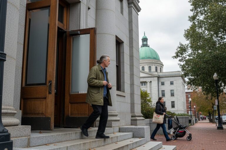 A person in their 50s wearing a simple jacket walks out of the main entrance of a city hall building, pausing to look back at the doors.