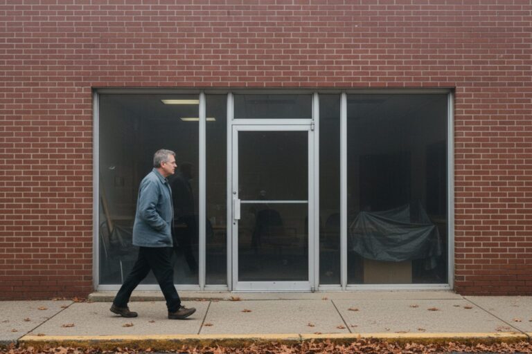 A person in their 50s wearing a simple jacket walks past the closed glass doors of a municipal building, its interior dark and empty.
