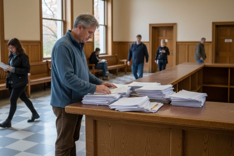 A person in their 50s wearing a casual jacket stands at a counter in a government building, looking at a stack of forms.