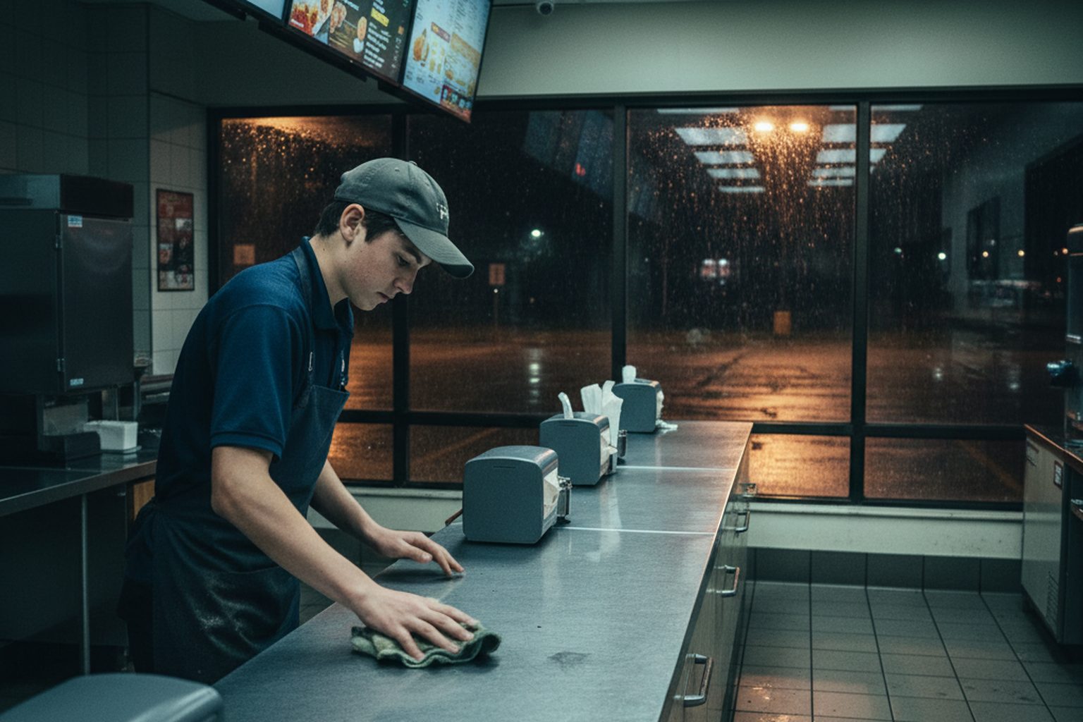 An empty fast-food restaurant service counter late at night