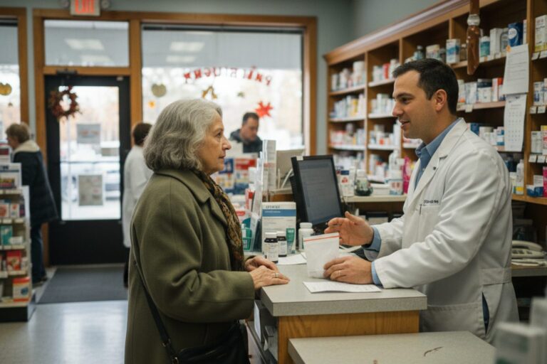 An older woman in a plain coat stands patiently at a pharmacy counter, looking at the pharmacist who is speaking to her.