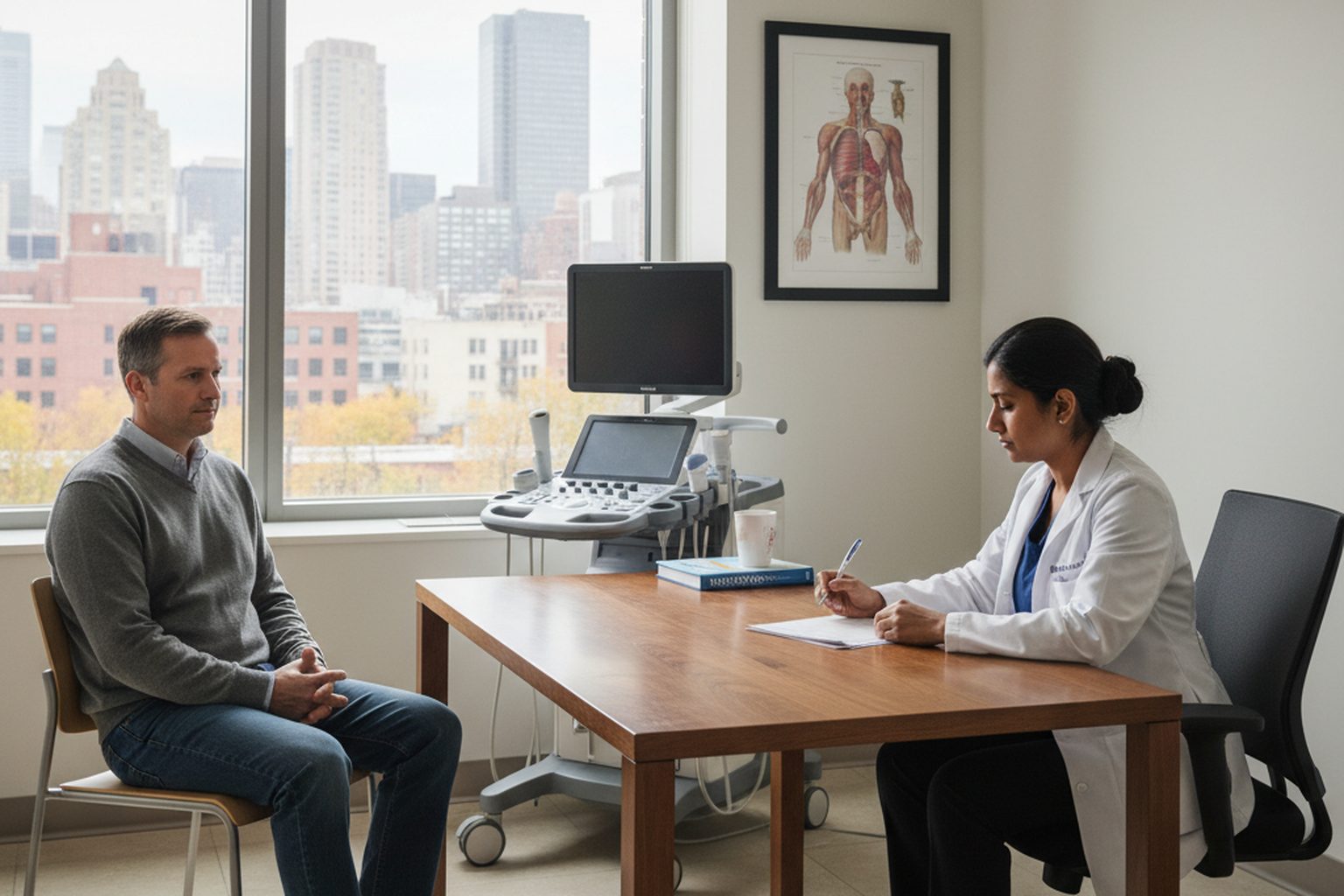 A bright modern medical consultation room with an ultrasound machine and a framed anatomy print, a physician in a white coat reviewing a chart at a desk, midtown Manhattan skyline visible through the window