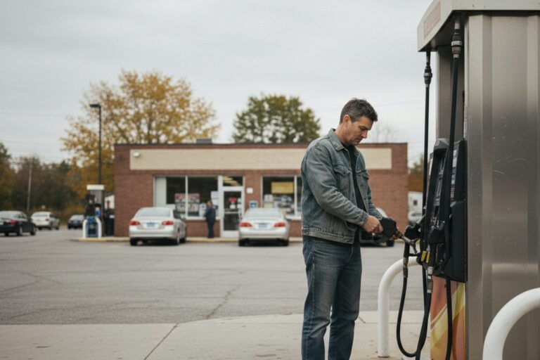 A person in their 40s wearing a simple jacket stands at a gas station pump, looking at the fuel dispenser.
