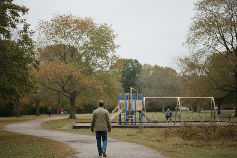 A person in their 40s wearing a light jacket walks along a winding path in a public park, with a small, empty playground visible in the distance.