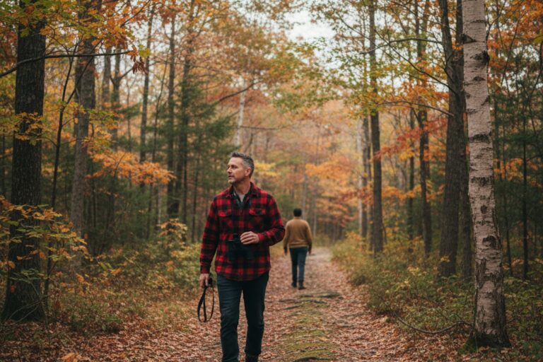 A person in their 40s wearing a plaid flannel shirt walks along a wooded trail, carrying a pair of binoculars.