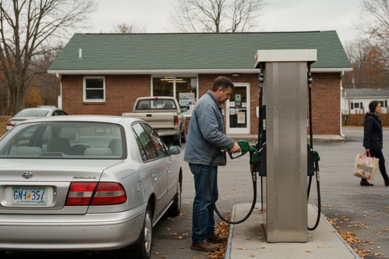 A person in their 40s wearing a light jacket fills their car with gasoline at a pump in a quiet gas station.