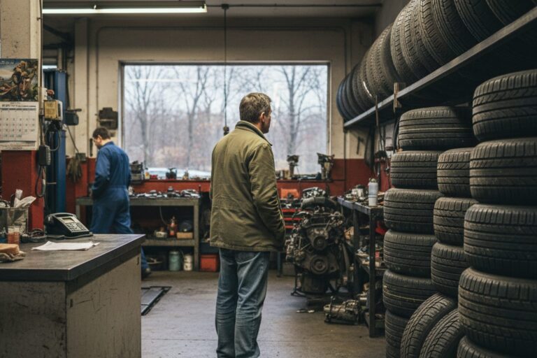A person in their 40s wearing a simple jacket stands at a counter inside a quiet auto repair shop, looking at a wall of stacked tires.