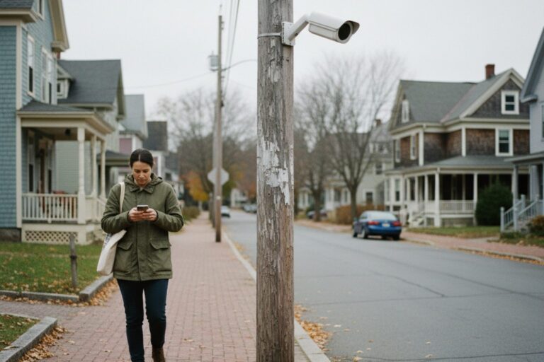 A person in their 30s wearing a light jacket walks past a pole-mounted security camera on a residential street in a small city, its lens pointing towards the road.