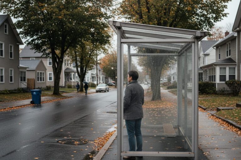 A person in their 40s wearing a dark jacket stands at a bus stop shelter on a quiet suburban street, looking down the road.