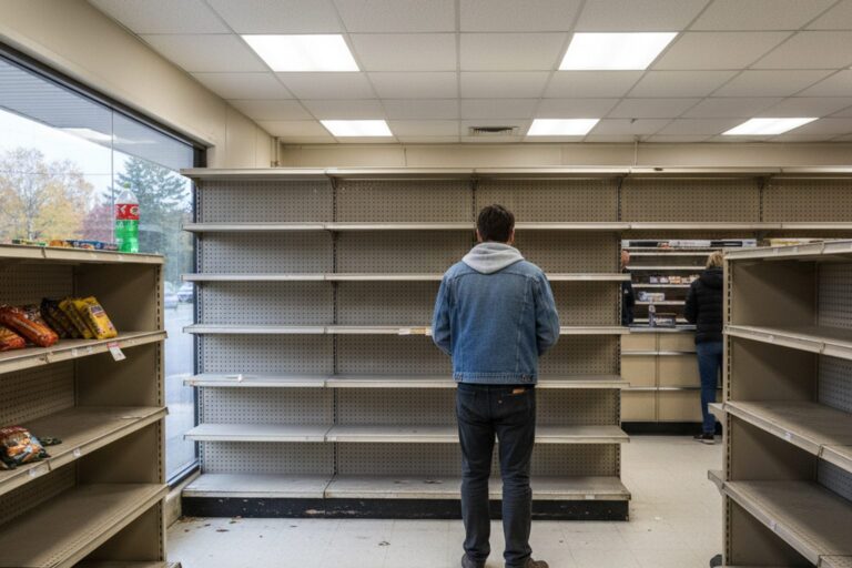 A person in their 30s wearing a casual jacket stands in a nearly empty convenience store, looking at an empty shelf where products used to be displayed.