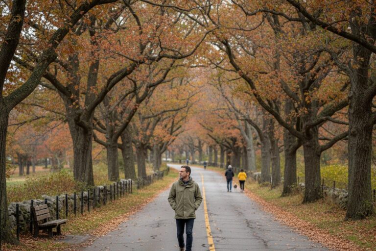 A person in their 30s wearing a light jacket walks along a quiet, tree-lined parkway, with a subtle curve in the road ahead.
