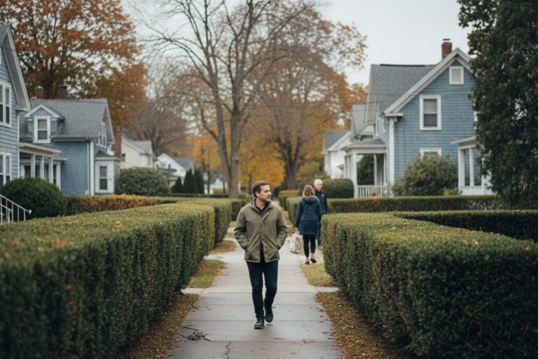 A person in their 30s wearing a simple jacket walks along a quiet suburban sidewalk past a row of neatly trimmed hedges.